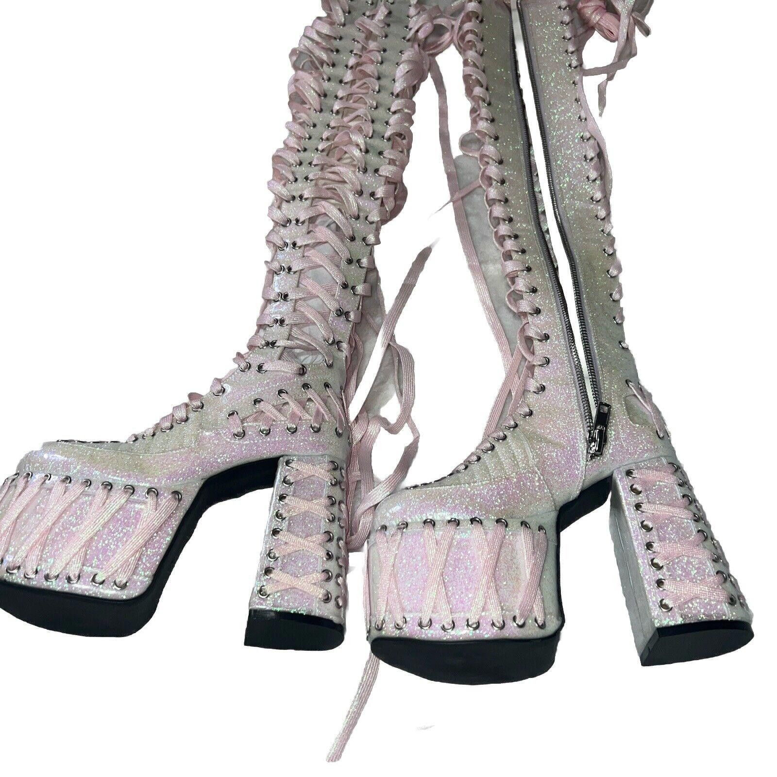 Designer Sz 6 Rude Awakening Lace Up Thigh High Glitter Boots Size US 6 / IT 36 - 6 Thumbnail