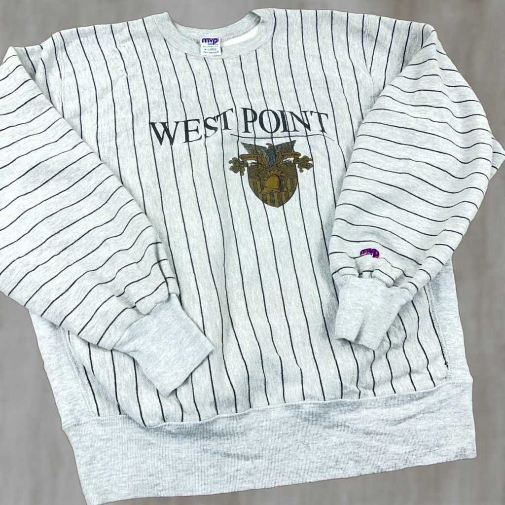 Vintage VINTAGE MVP Cor Sweatshirt Men XL Gray Striped Crewneck 80s USA Army Logo Built-in Lettering Size US XL / EU 56 / 4 - 1 Thumbnail