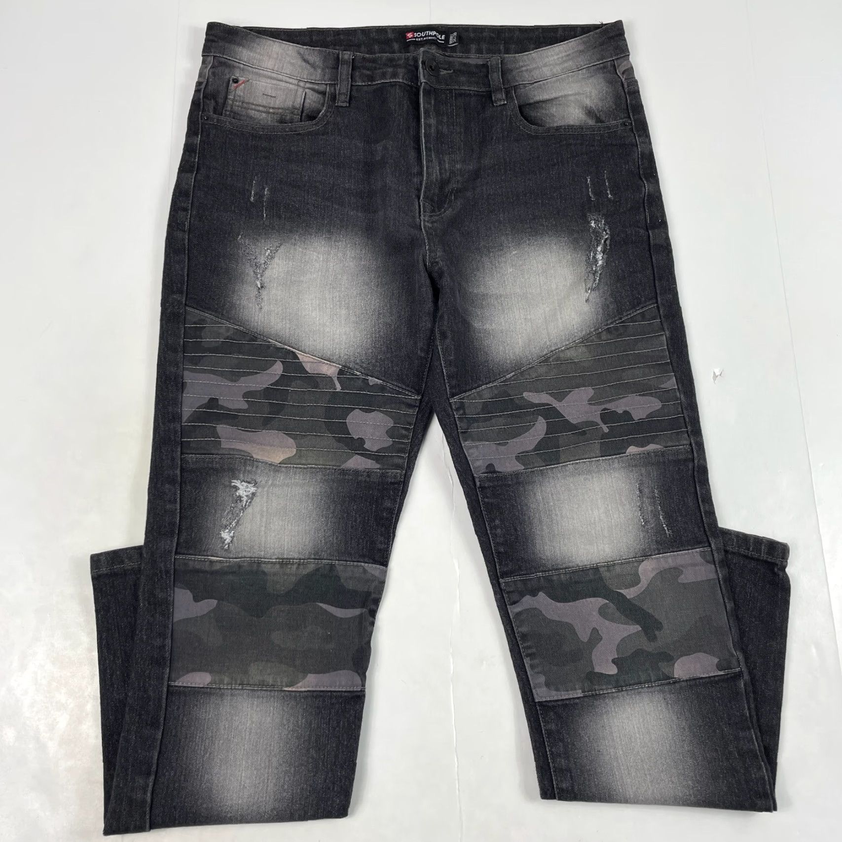 Southpole Southpole Jeans Mens 34 x 30 Black Camouflage Skinny Denim Moto Distressed Jeans Biker 5-Pocket Regular Rise Mid Denim Shirt? Size US 34 / EU 50 - 2 Thumbnail