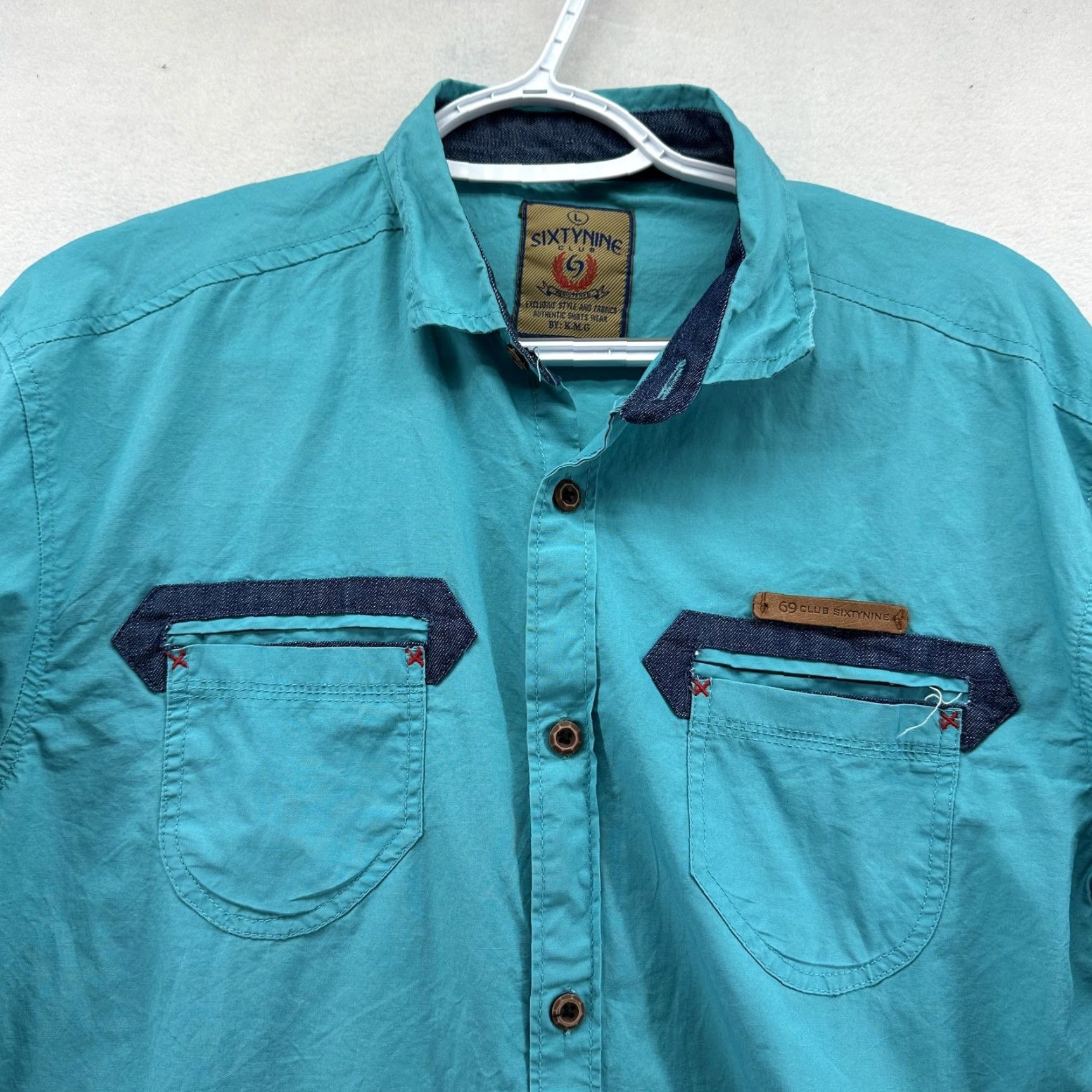 Denime Sixtynine Club Shirt Mens Large Turquoise Blue Long Sleeve Button Up Denim Trim Size US L / EU 52-54 / 3 - 4 Thumbnail