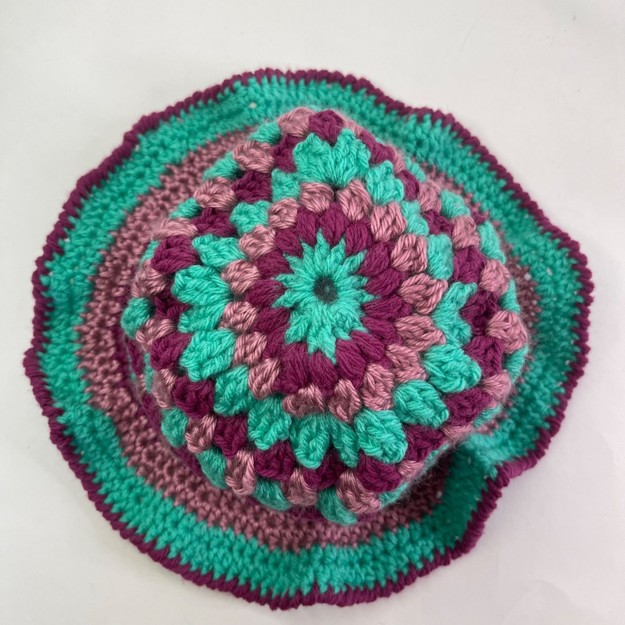 Handmade Crochet Bucket Hat Granny Square Pattern Teal and Mauve Adul Size ONE SIZE - 5 Thumbnail