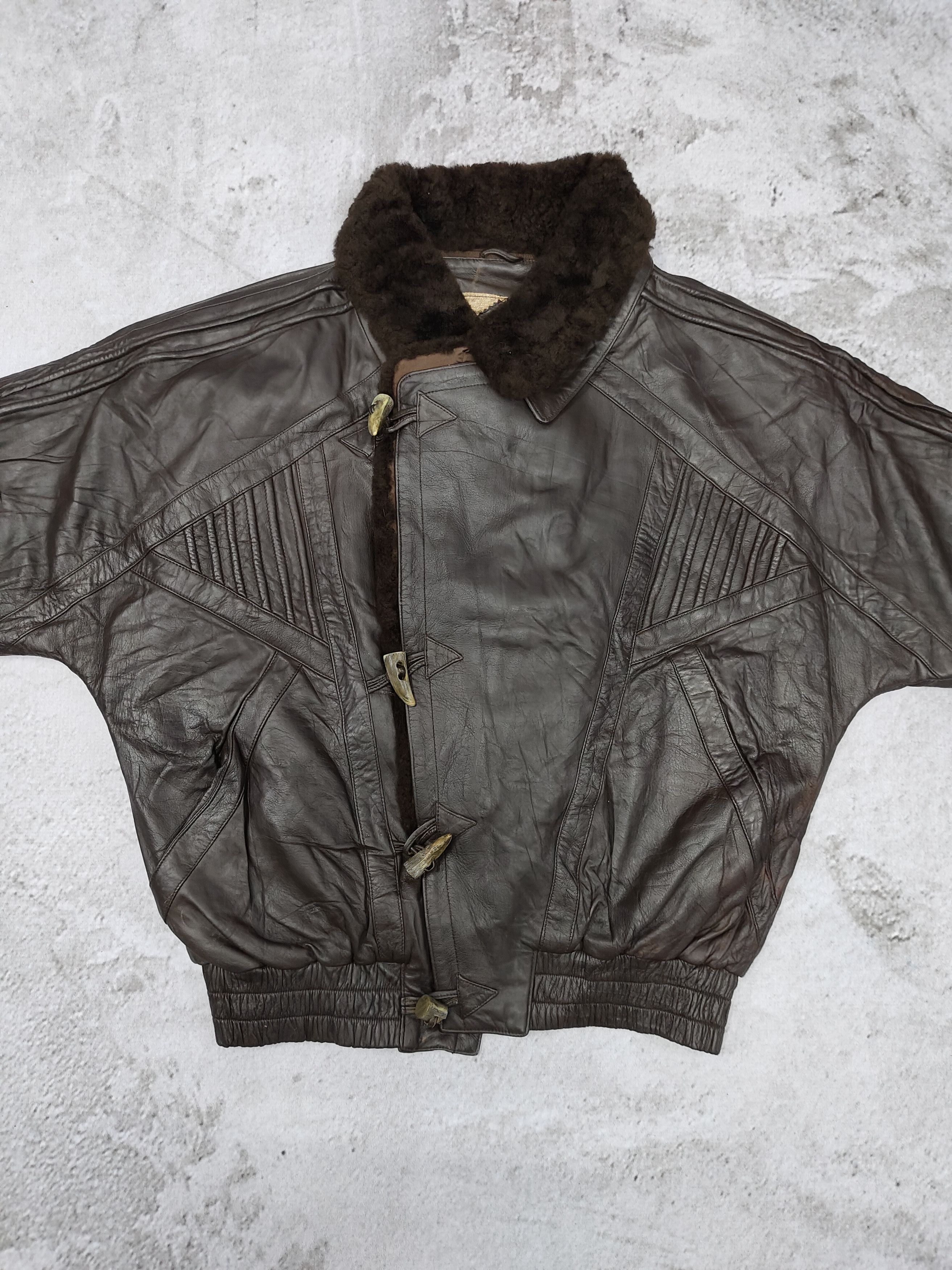 Vintage 80s Desca Ggeri🇮🇹 Pleated Panel Fur Collar Leather Bomber Size US L / EU 52-54 / 3 - 4 Thumbnail