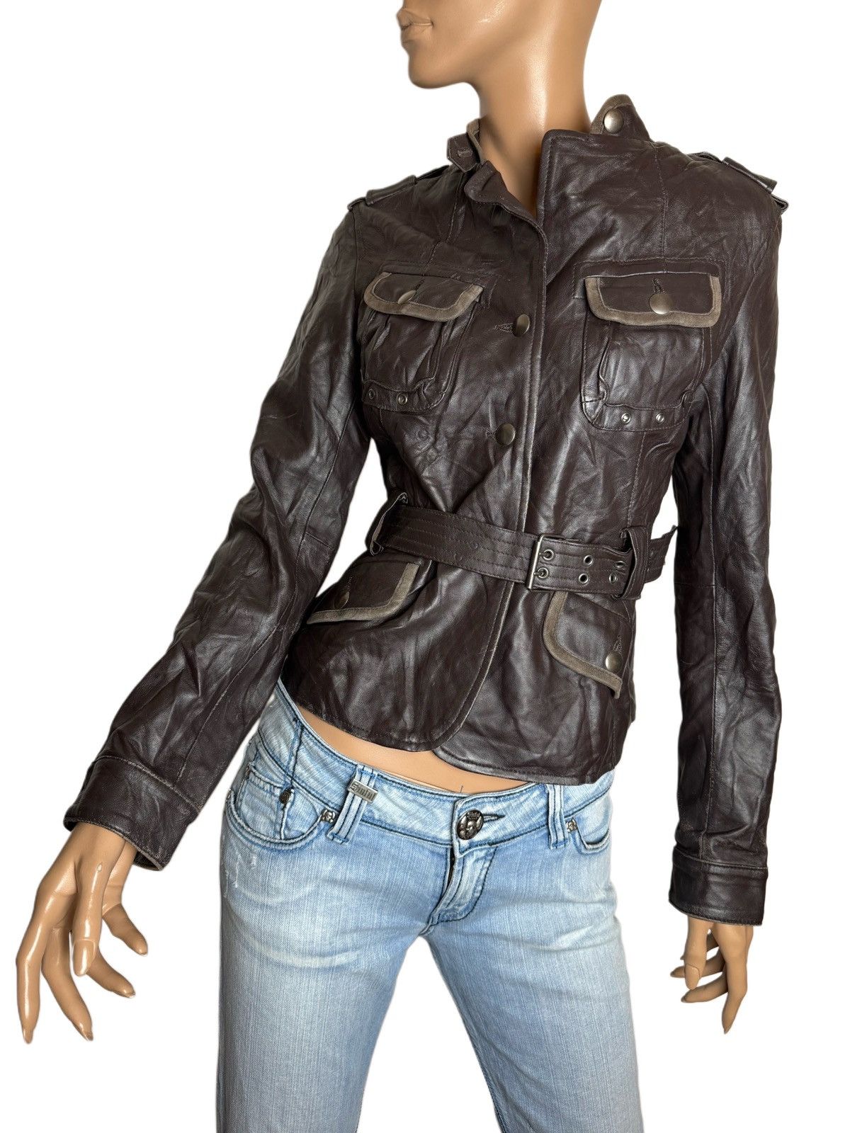Y2K Vintage Leather Jacket Belted Military Biker Napoleon