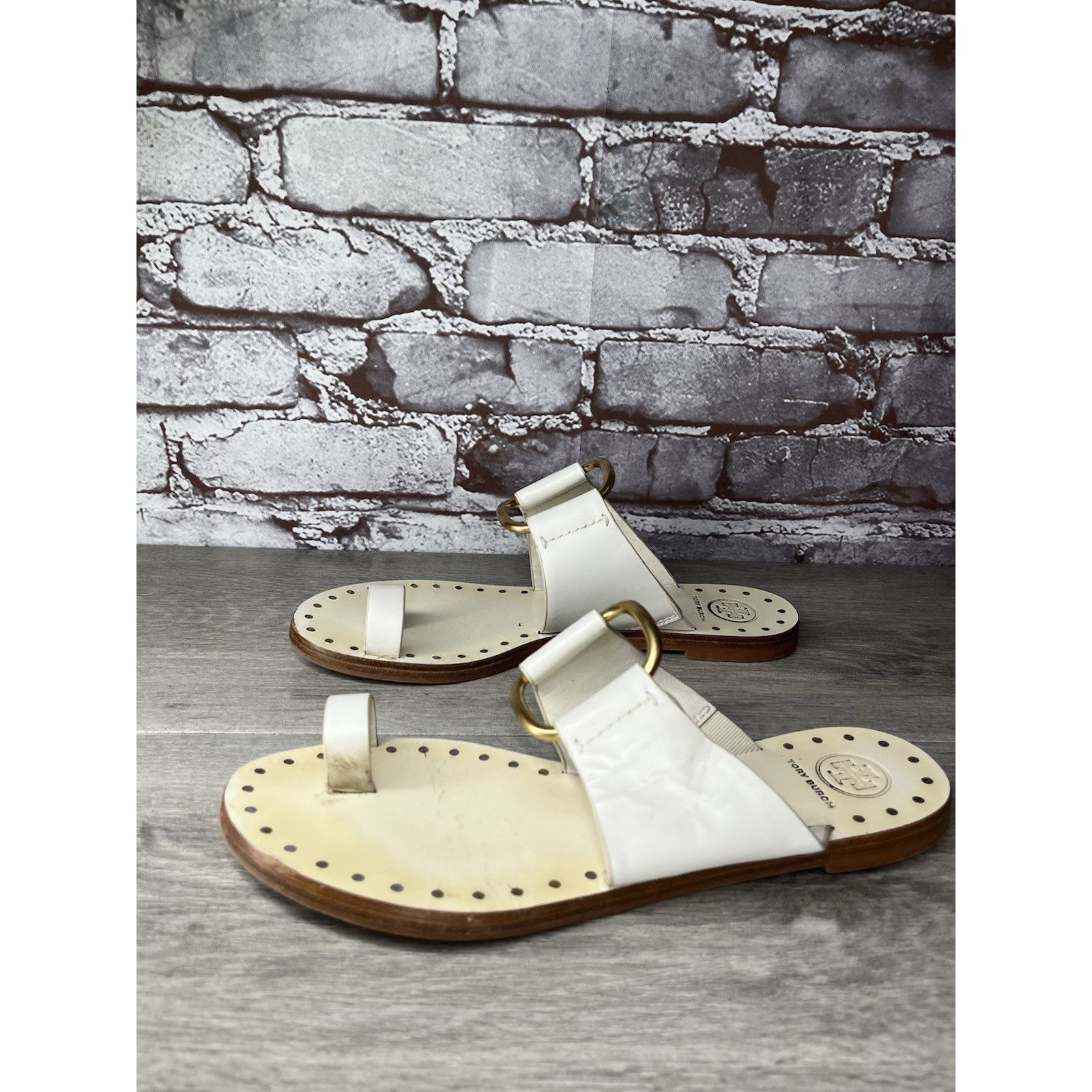 Tory Burch Tory Burch Ravello Studded White Leather Gold Rings Toe Post Size US 8 / IT 38 - 5 Thumbnail