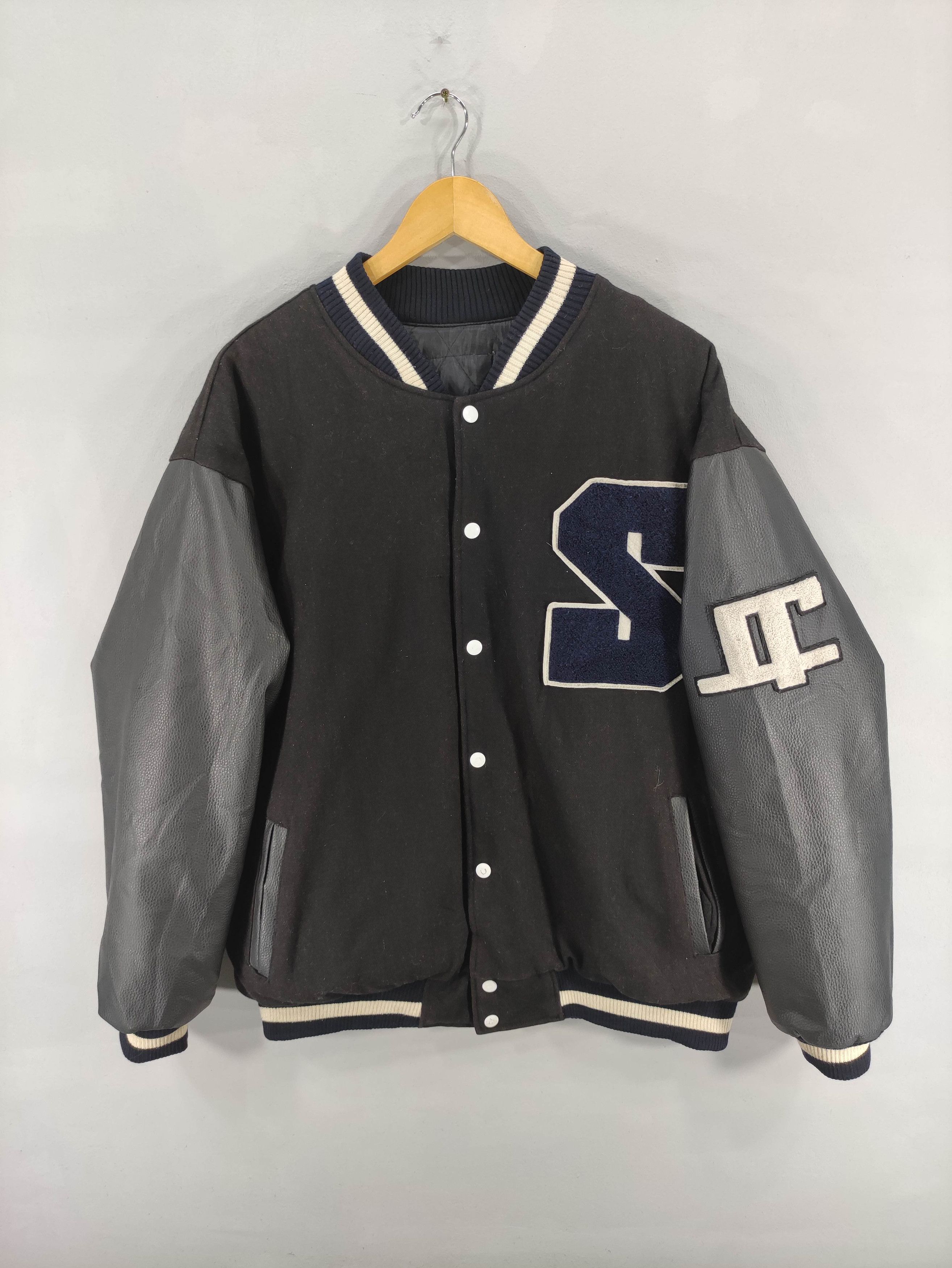 Japanese Brand Vintage Varsity Wool Jacket Sleeve Leather Snap Button Size US L / EU 52-54 / 3 - 2 Thumbnail