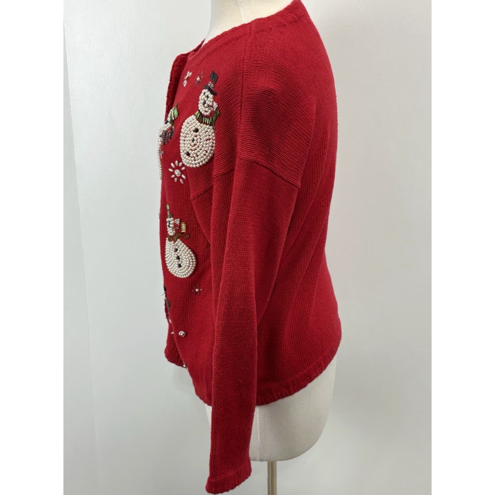 Vintage VINTAGE Victoria Jones Christmas Cardigan Sweater Women’s M Red Snowmen Beaded Pearl Button Jewel Knit Cotton Blend 90s Holiday Ugly Snowman Size M / US 6-8 / IT 42-44 - 2 Thumbnail