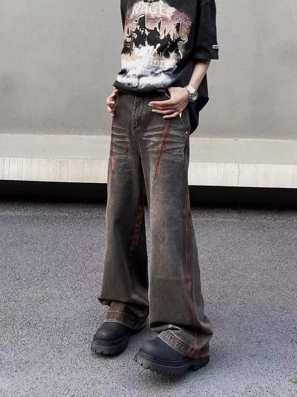 Japanese Brand VIBE Street hip-hop hand-painted rust-colored loose jeans Size US 32 / EU 48 - 4 Thumbnail