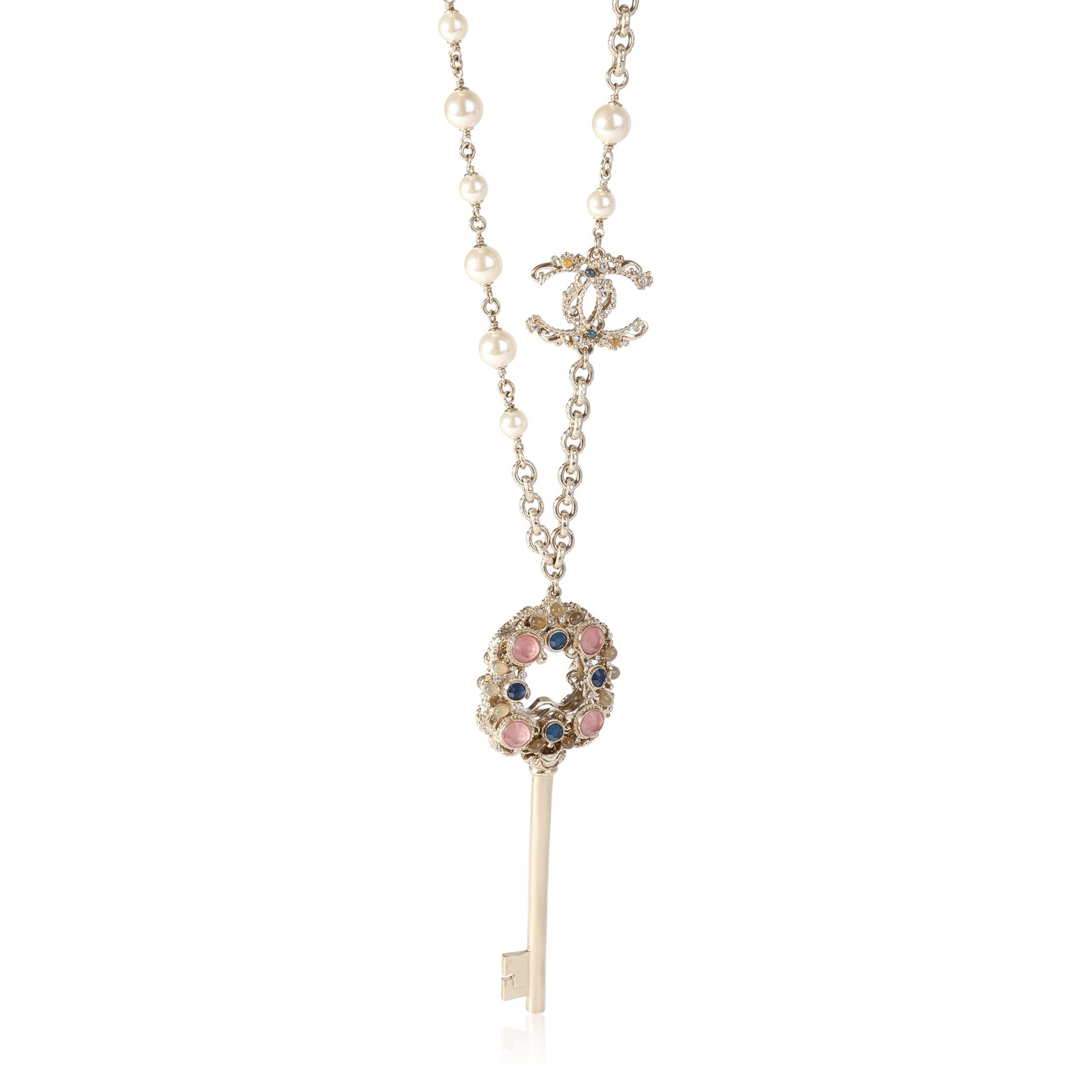 image of Chanel Fuax Pearl & Strass Key On Chain in Silver, Women's