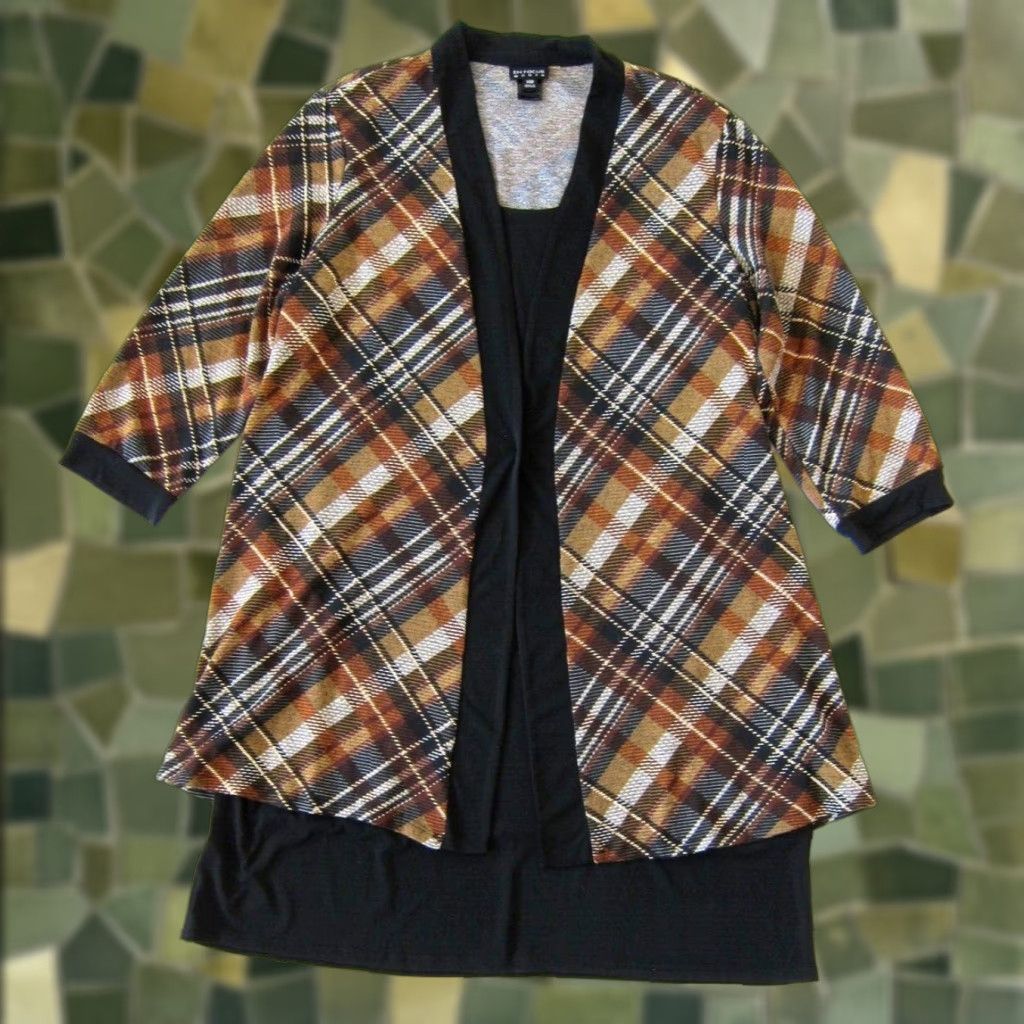 Vintage VINTAGE En Focus Women Black Brown Plaid Stretch 3/4 Sleeve Cardigan Tunic Dress 14W Size XL / US 12-14 / IT 48-50 - 1 Thumbnail