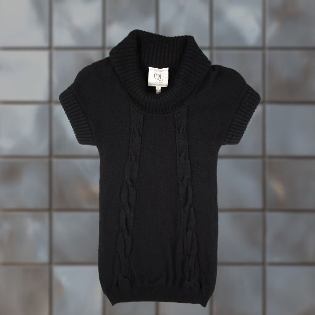Qi Cashmere Sweater Womens Small Black Cowl Neck Short Sleeve Cable Knit Tunic
