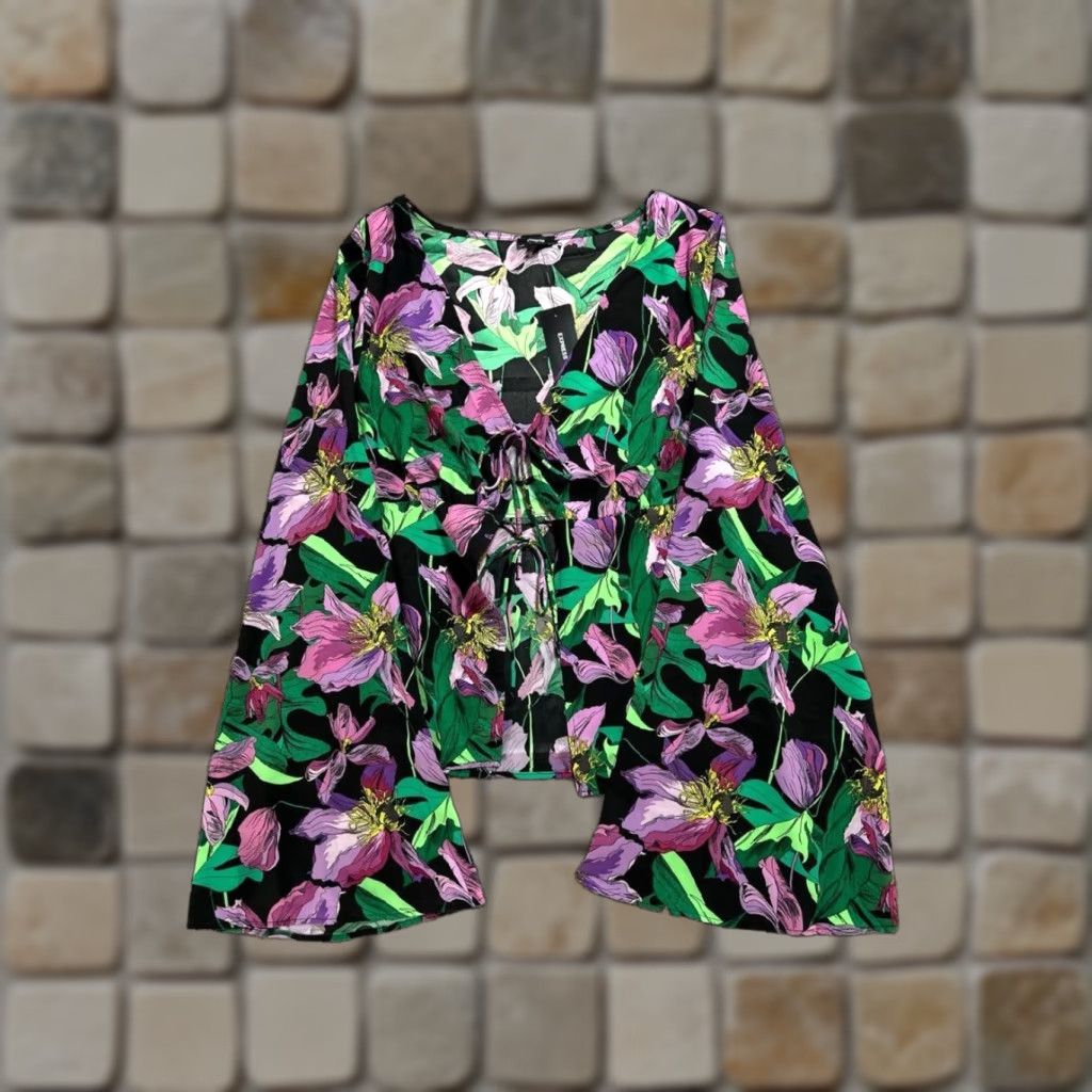 Express Express Blouse Top Womens Small Multicolor Stretch Floral Tie Front V Neck New Size S / US 4 / IT 40 - 1 Thumbnail