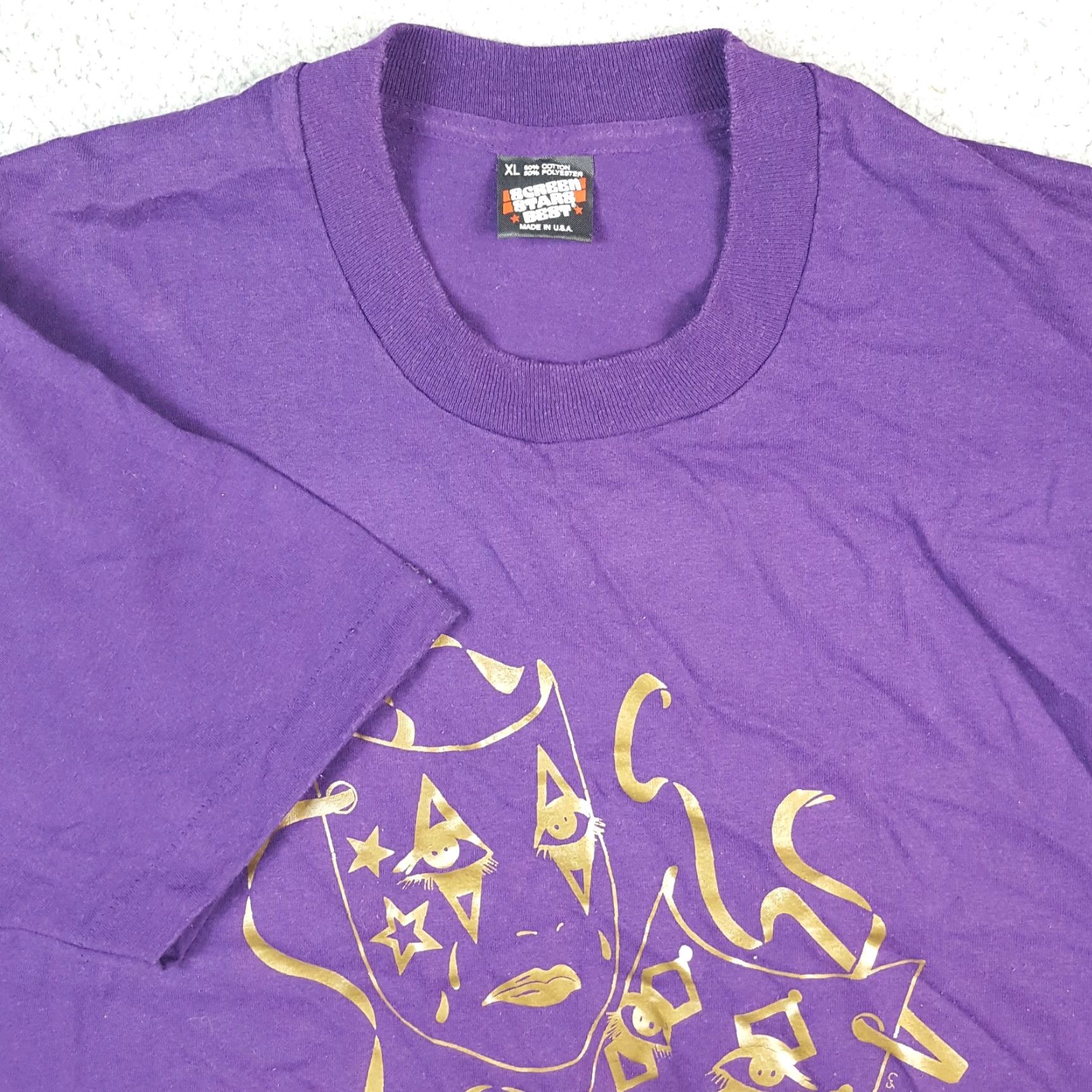 Vintage VINTAGE Comedy & Tragedy Theatre Mask T Shirt XL Purple 90s Happy Sad Face Size US XL / EU 56 / 4 - 4 Thumbnail