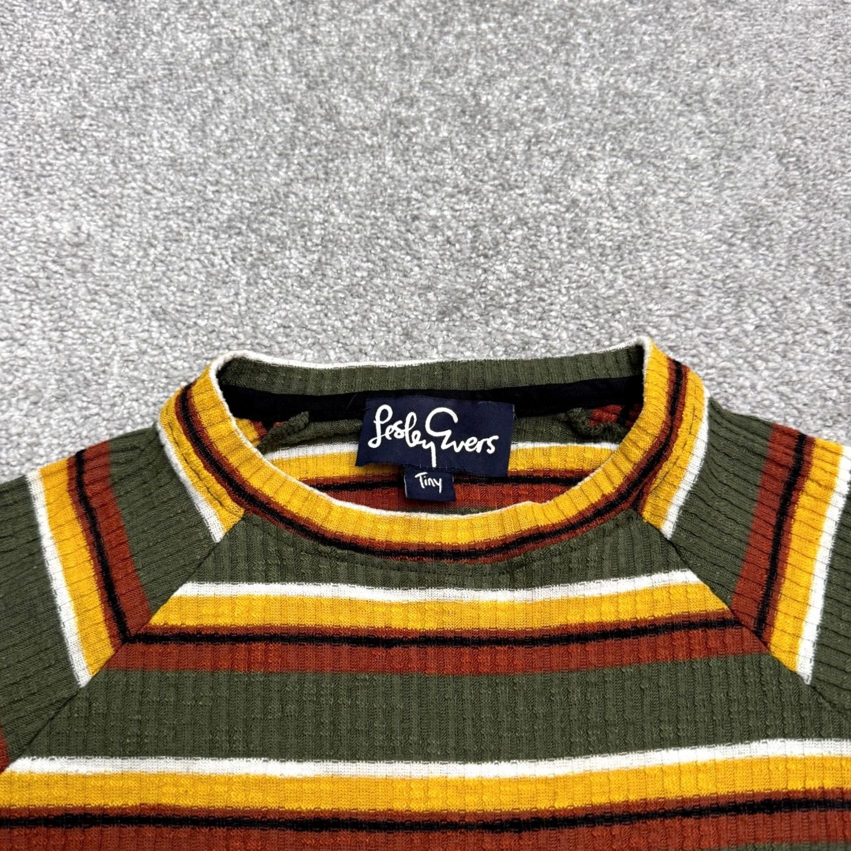 Vintage Lesley Evers Sweater Pullover Top Women XS Green Yellow Striped Crew Knit Size XS / US 0-2 / IT 36-38 - 4 Thumbnail