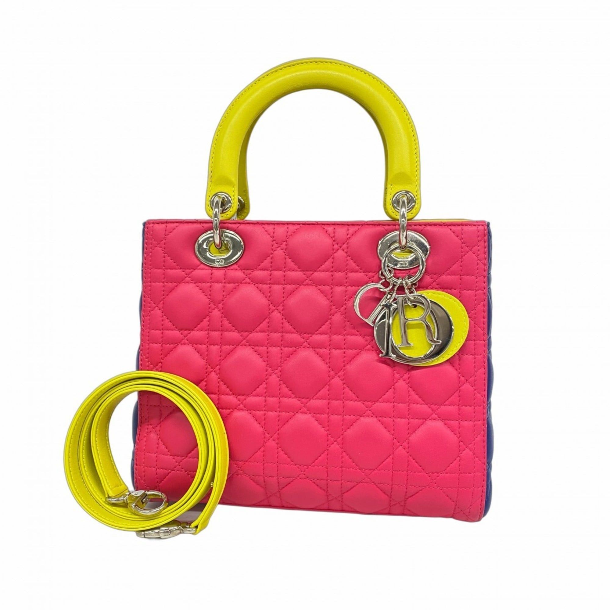 Christian Dior Cannage Lady Leather Handbag in Pink Blue and Yellow. 2-Way Bag for Women.