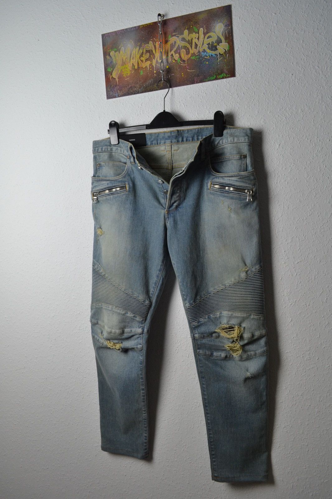 image of Balmain Paris Biker Distresses Slim Jeans Men’S Size 36 in Bleu, Men's