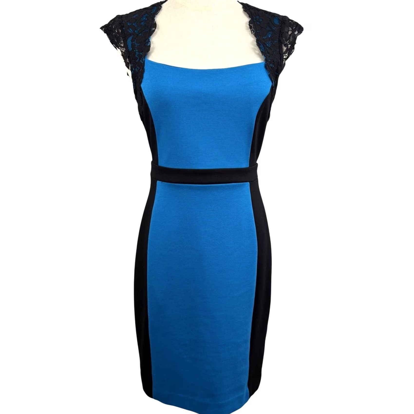 Nicole Miller Nicole Miller S Dress Bodycon Colorblock Square Neck Lace Trim Cap Sleeve Sheath Size S / US 4 / IT 40 - 2 Thumbnail