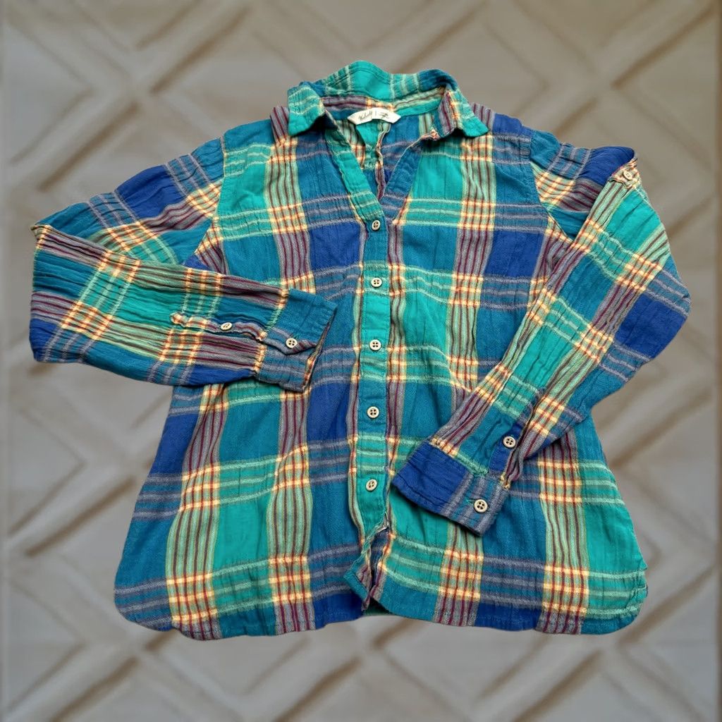 Vintage Woolrich Shirt Womens S Seersucker Button Down Teal Blue Green Long Sleeve Size S / US 4 / IT 40 - 1 Thumbnail