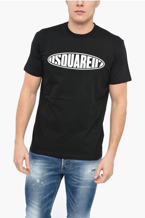 image of Dsquared2 Crew Neck Cotton T-Shirt With Rubberised Logo in Black, Men's (Size Large)