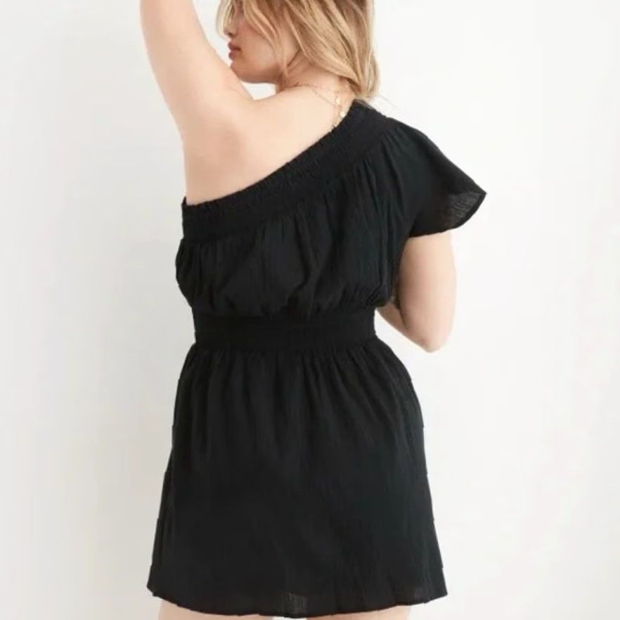 American Eagle Outfitters Aerie Womens L Black Crinkle Cotton Smocked Waist One Shoulder Dress Size L / US 10 / IT 46 - 3 Thumbnail