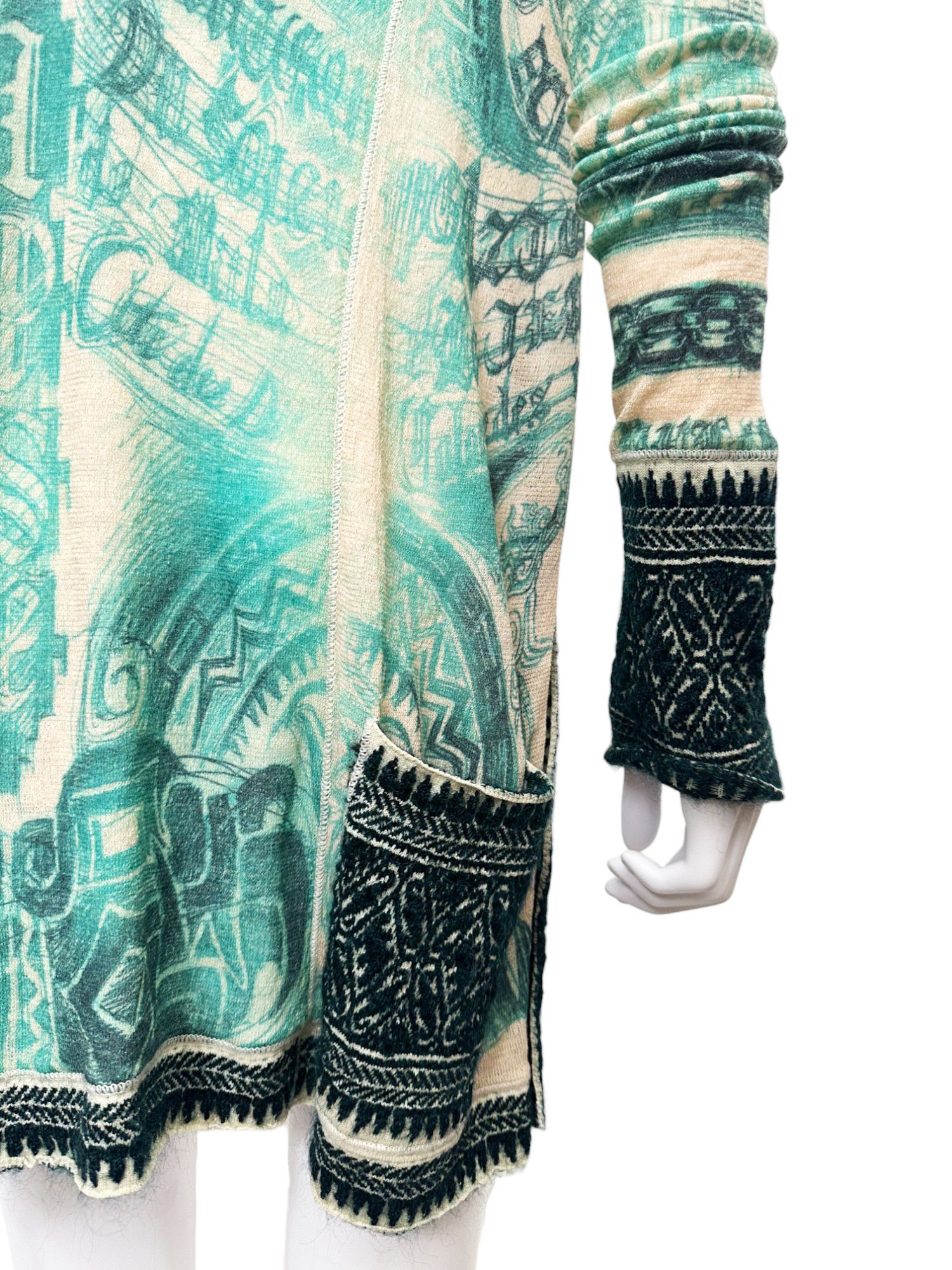 Jean Paul Gaultier 90's Tribal Acqua Green Wool Cardigan Size L / US 10 / IT 46 - 14 Thumbnail