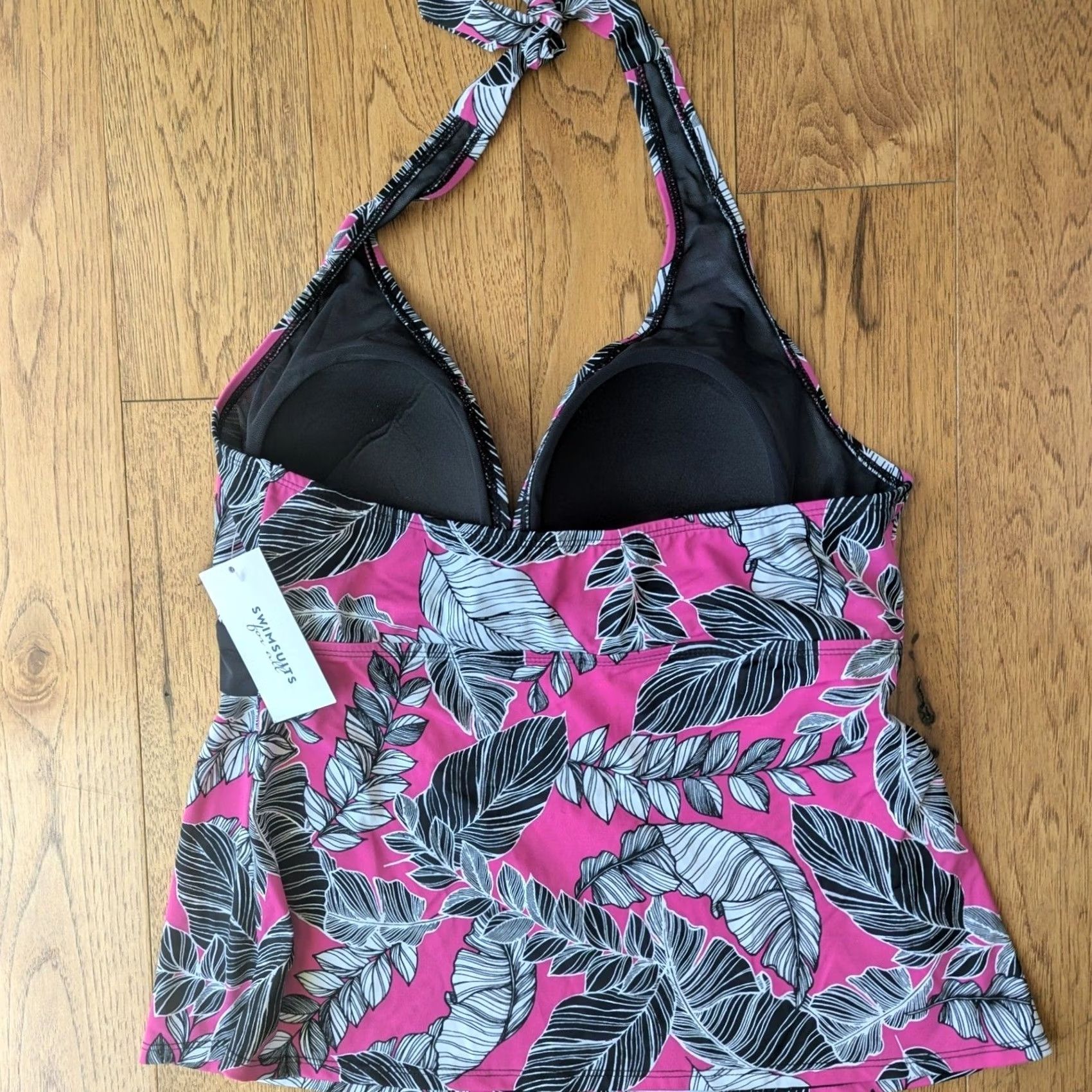 Vintage Swimsuits For All Tankini Top Pink Black White Tropical Leaf Halter Sz 18 NWT Size XXL / US 16-18 / IT 52-54 - 3 Thumbnail