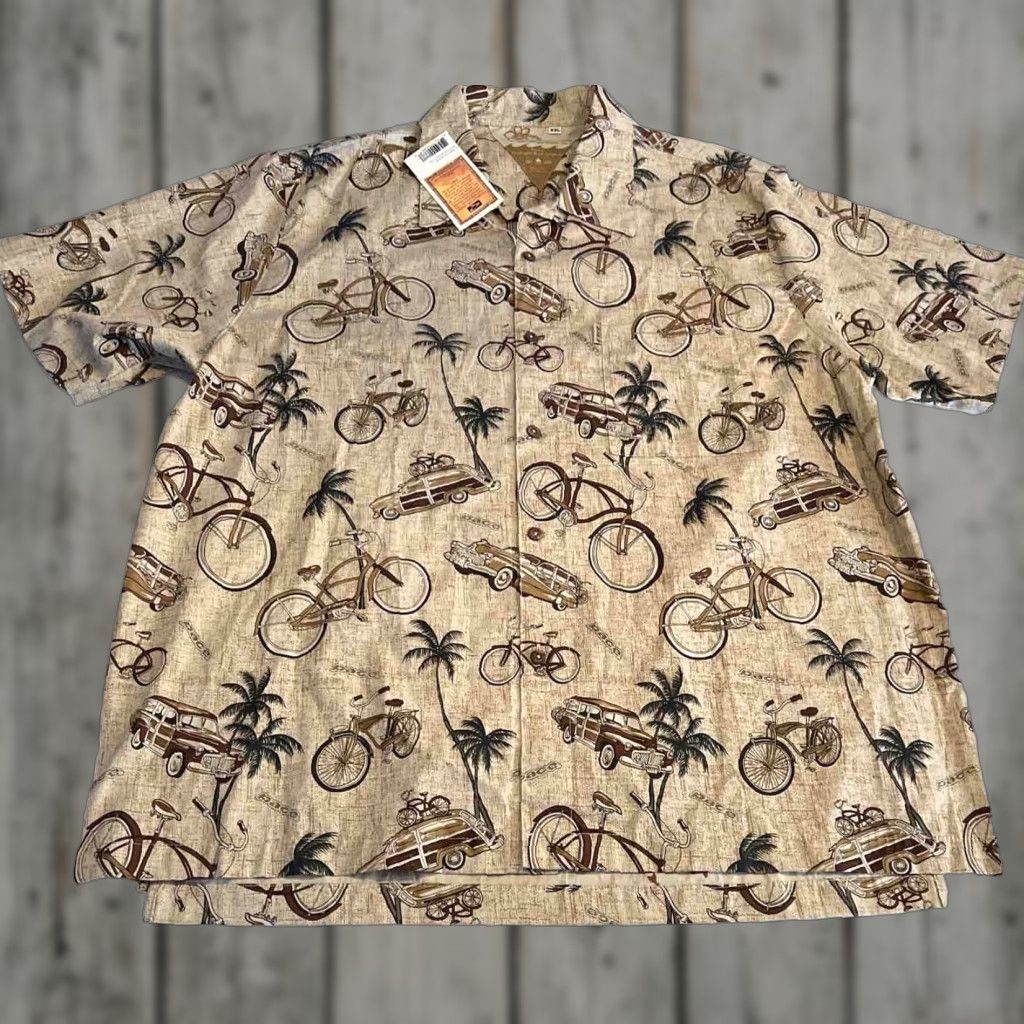 Pace Sports Wear Men’s XXL Button Short Sleeve Woodys Bicycles Palm Trees USA Shirt Men 2XLT Brown Cotton Blend Button-Up Casual Travel