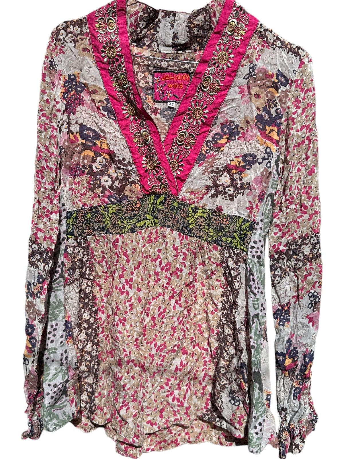 image of Johnny Was Multicolor Floral Silk Blouse, Women's (Size XS)