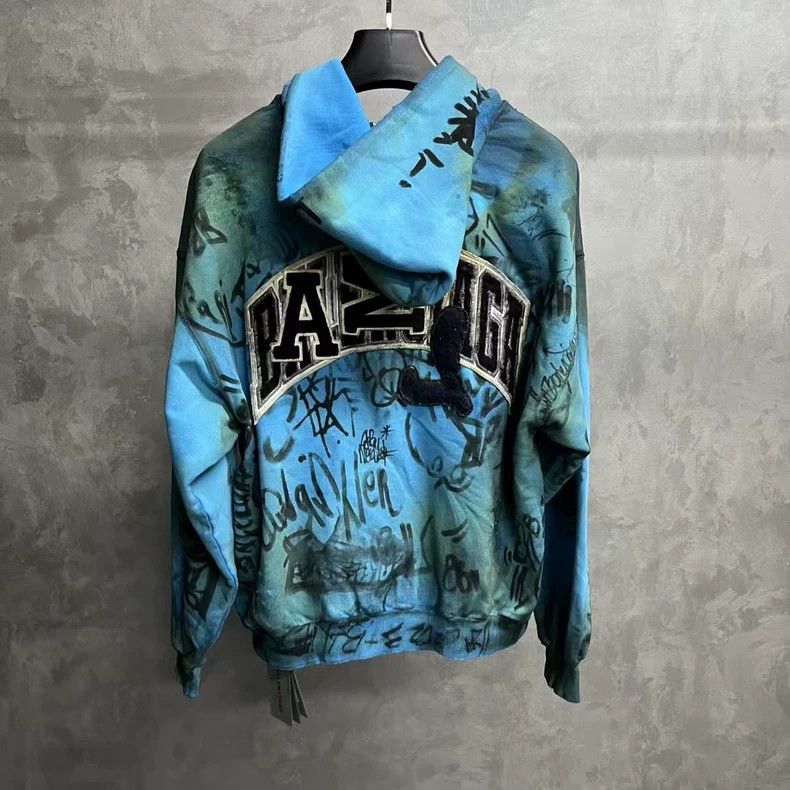 Balenciaga Balenciaga Blue Worn Effect Graffiti Zip Hoodie Size US XXS / EU 40 - 7 Thumbnail