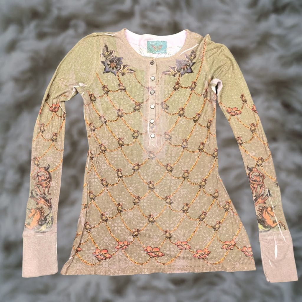 Vintage Butterfly Dropout Shirt Vintage Womens Small Beige Floral Henley Top Print Y2K Size S / US 4 / IT 40 - 1 Thumbnail