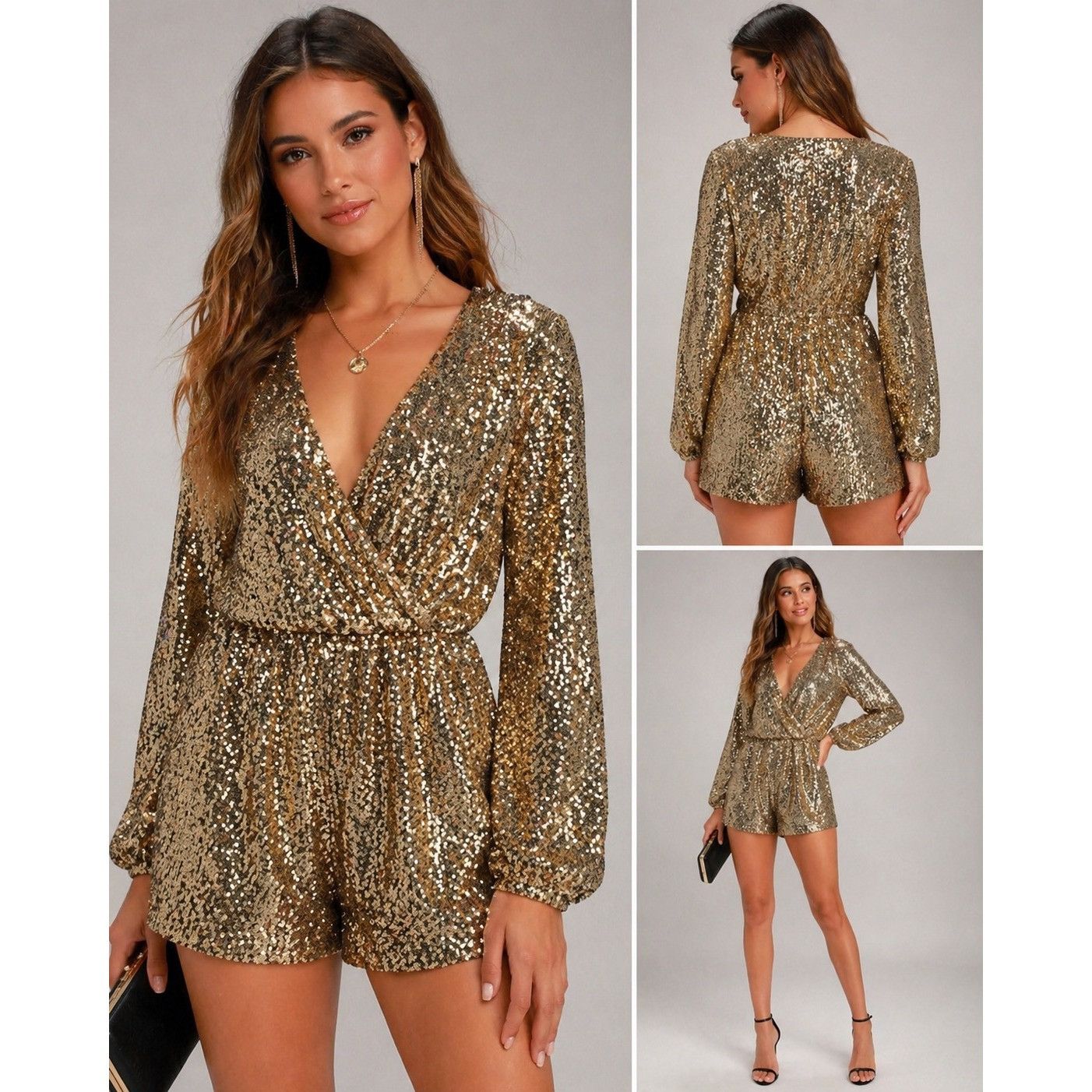 Other Boutique Style Women’s Gold Sequin Romper Large Long Sleeve Size 26" / US 2 / IT 38 - 1 Thumbnail