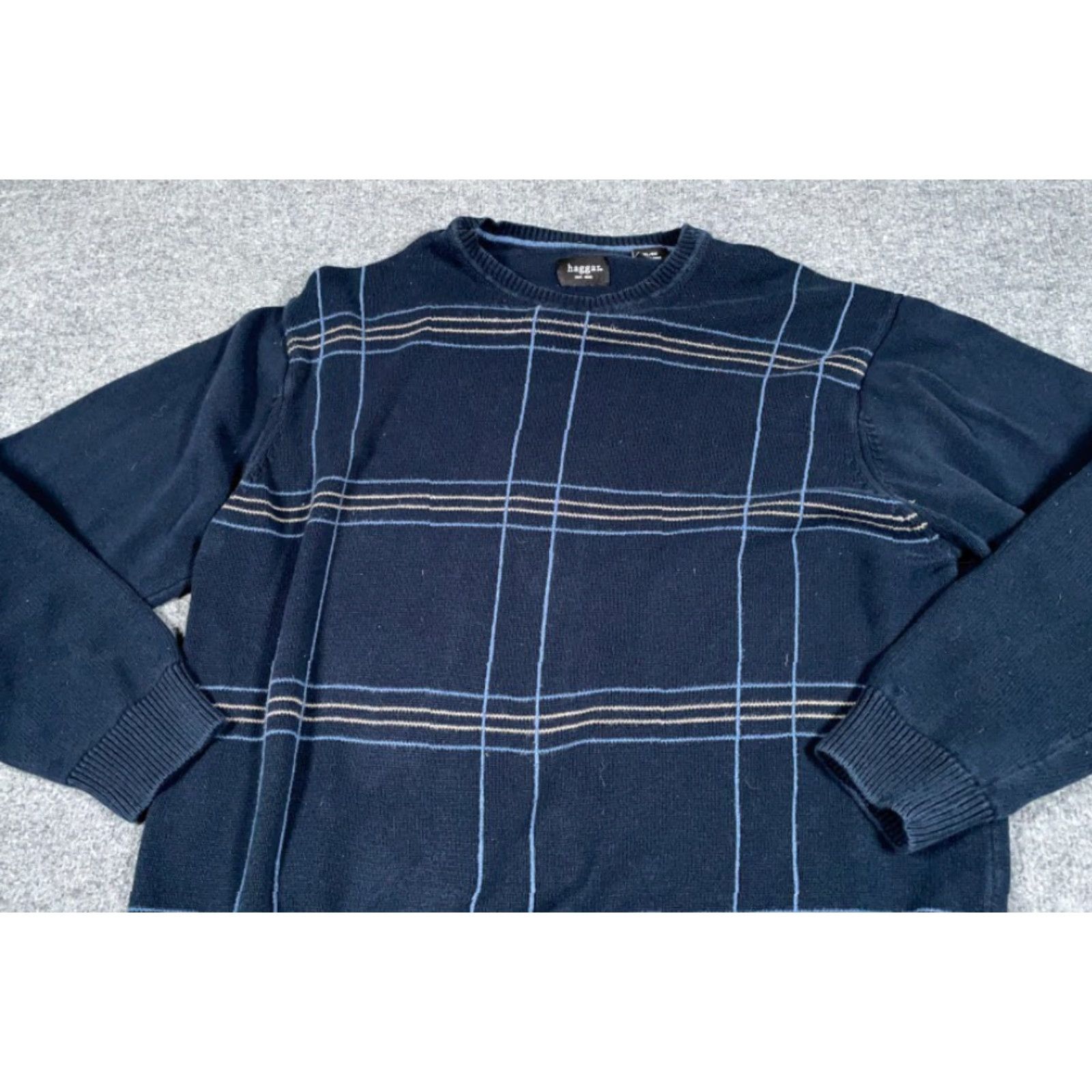 Haggar Retro Dad Style Grid Check Sweater Adult XL Dark Blue Cotton Knit Chunky Preppy Size US XL / EU 56 / 4 - 8 Thumbnail