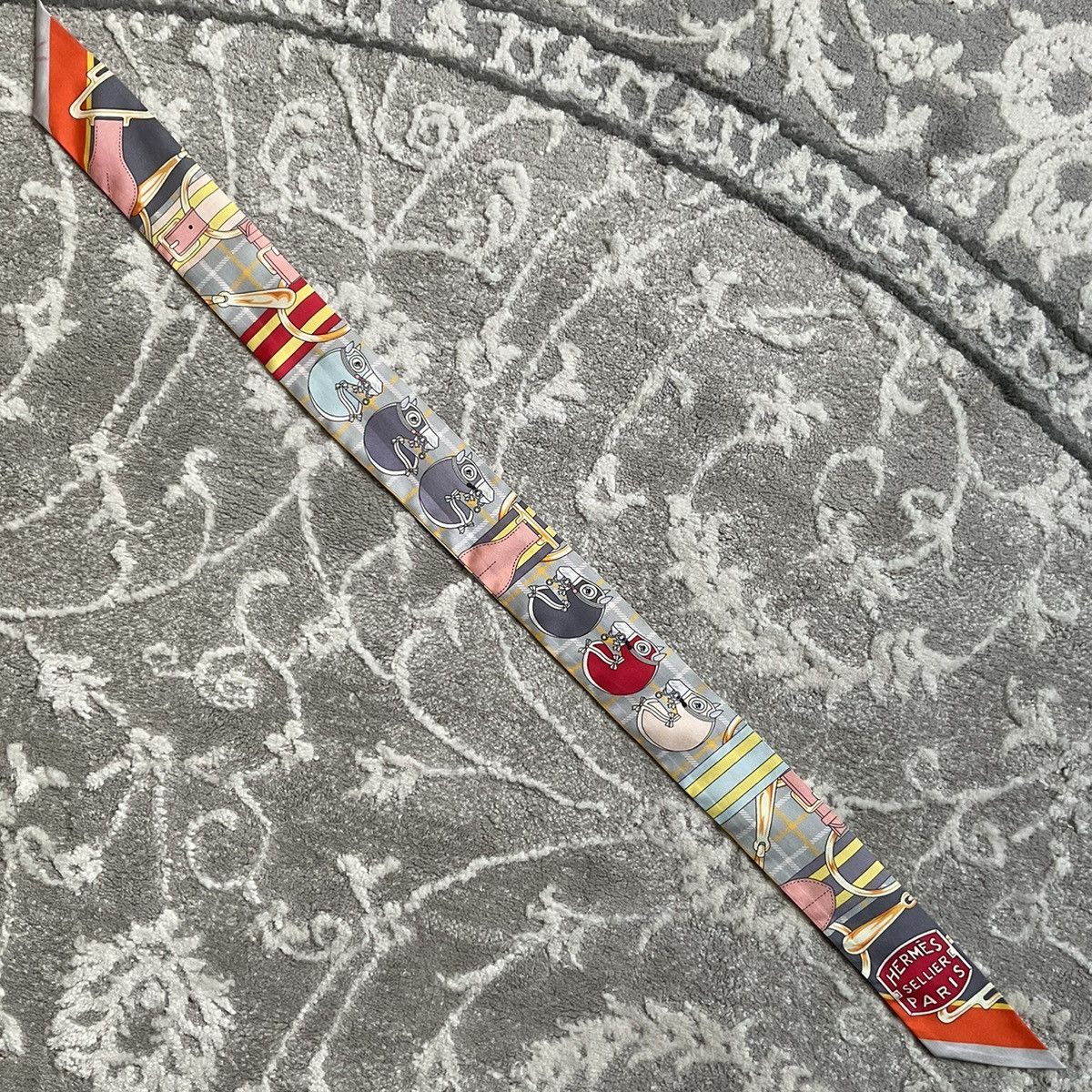 Hermes HERMES Grey/ Multicolor Silk Helmet Print Twilly Size ONE SIZE - 2 Thumbnail