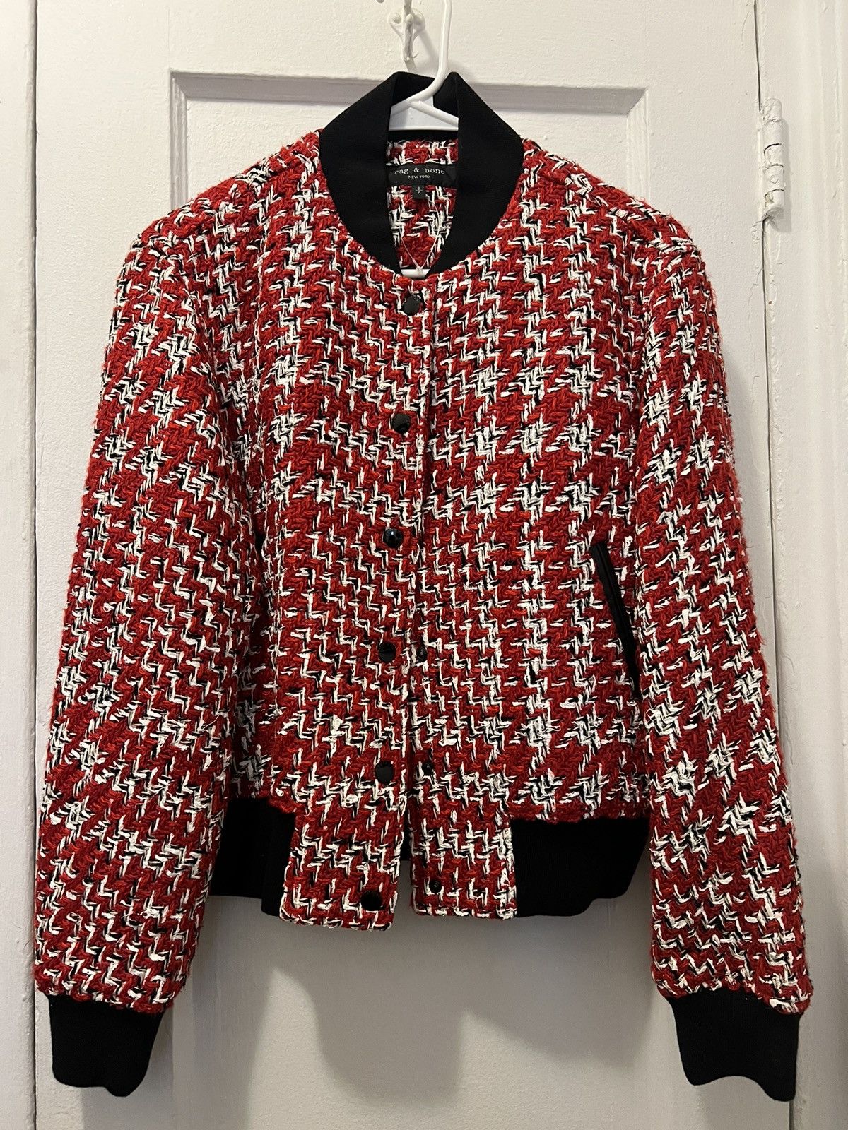image of Rag Bone Tweed Bomber in Black/White/Red, Women's (Size Small)