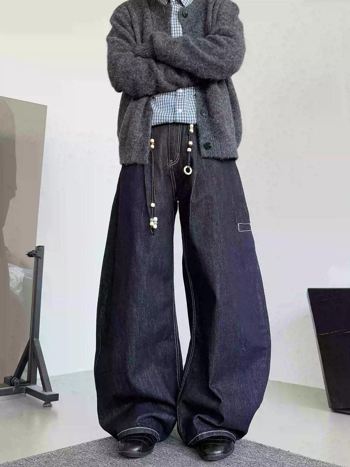 Vintage Blue Wide Leg Raw Denim Jeans, Baggy Loose Fit Jeans Size US 32 / EU 48 - 1 Thumbnail