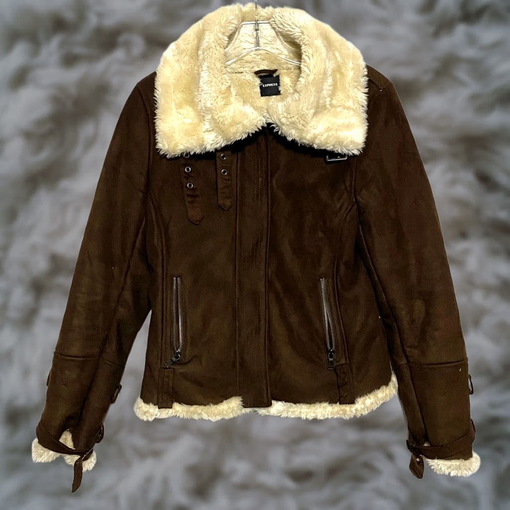 Express VINTAGE Express VTG Faux Suede Fur Brown Moto Bomber Jacket Womens S Zip Buckles Y2K Size S / US 4 / IT 40 - 1 Thumbnail