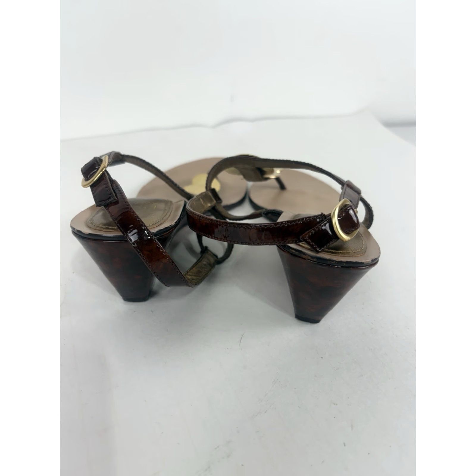 Saks Fifth Avenue Saks Fifth Avenue Leather Wedge Sandals Womens Size 8M Brown Glossy Strappy Spring Summer Size US 8 / IT 38 - 4 Thumbnail