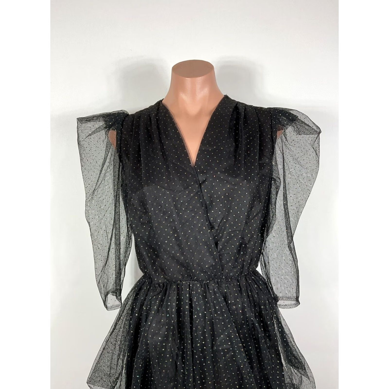 Vintage VINTAGE 80s Tulip Hem Black Glitter Dress Puffy Sleeve Mini Dress S/M Prom Party Glenrob LTD Lamé Glam Rock Womens Size S / US 4 / IT 40 - 3 Thumbnail