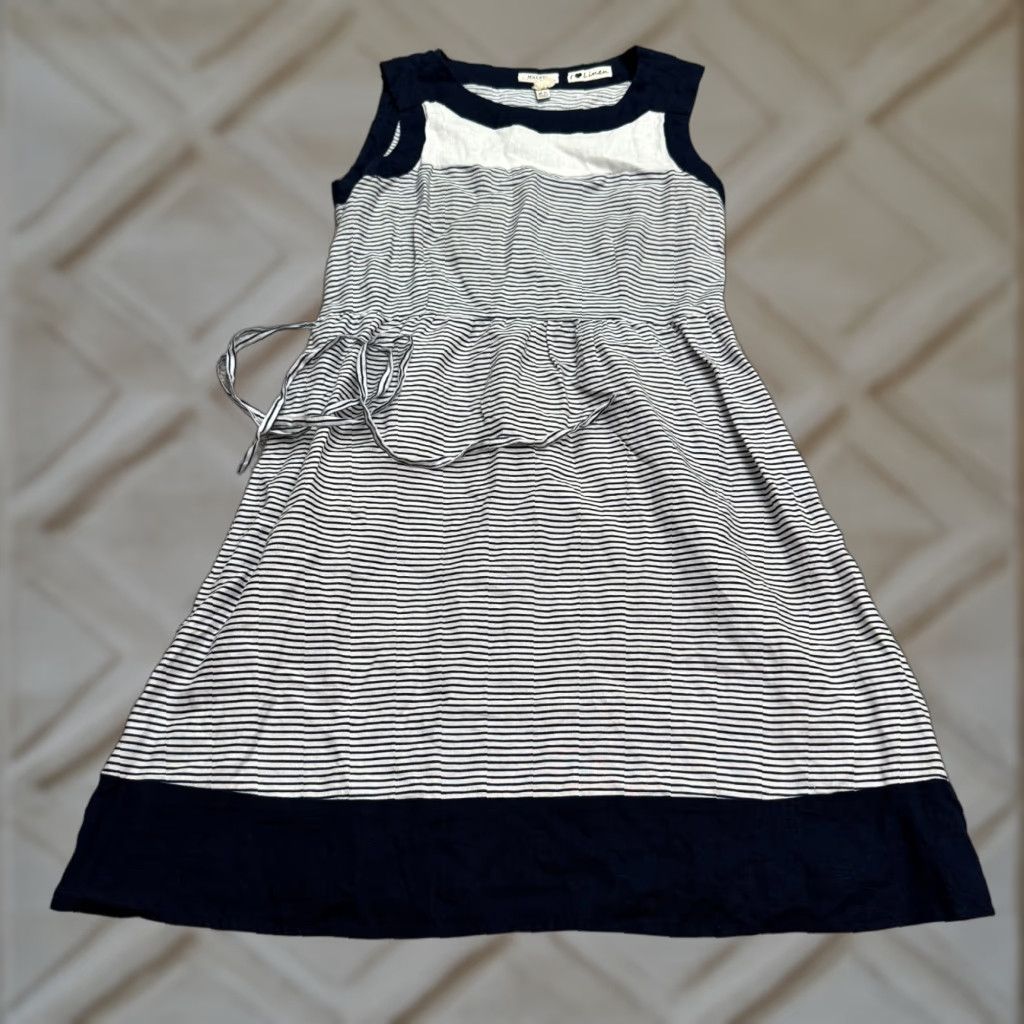 MALVIN Linen Nautical A-Line Dress - Belted - Navy White Striped - Womens  Large - Casual Sleeveless - Short Dress -