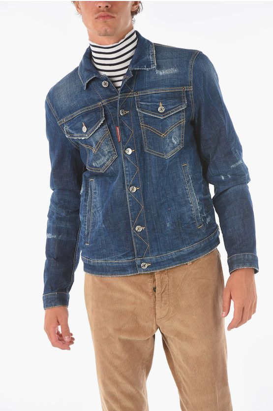 image of Dsquared2 Double Breast Pocket Stretch Denim Dan Jacket in Blue, Men's (Size Small)