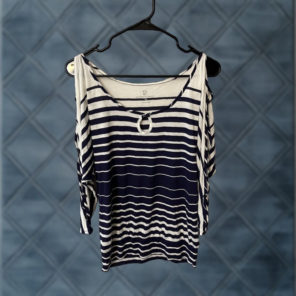Vintage NY Collection Blue Stripe Cold Shoulder Blouse Tunic, Size Medium, Womens Size M / US 6-8 / IT 42-44 - 1 Thumbnail