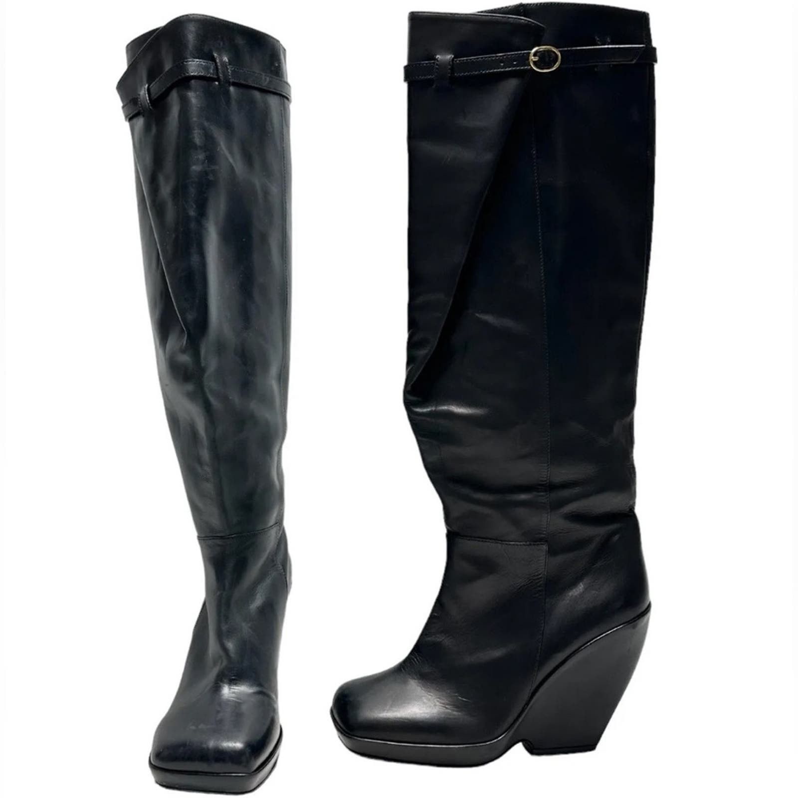 image of Khaite Women’S Knee High Otk Leather Boots Black Buckle 41, Women's (Size 10)