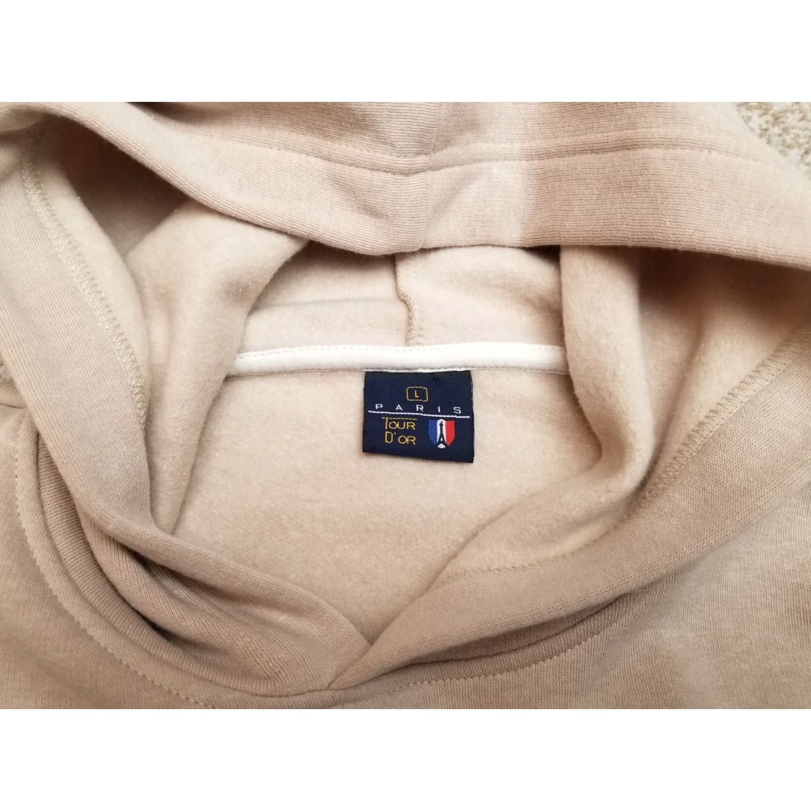 Vintage Paris Tour D' OR Hoodie Mens Large Beige Hooded Pullover Sweatshirt Cotton Blend Embroidered Logo 90s Style Size US L / EU 52-54 / 3 - 7 Thumbnail