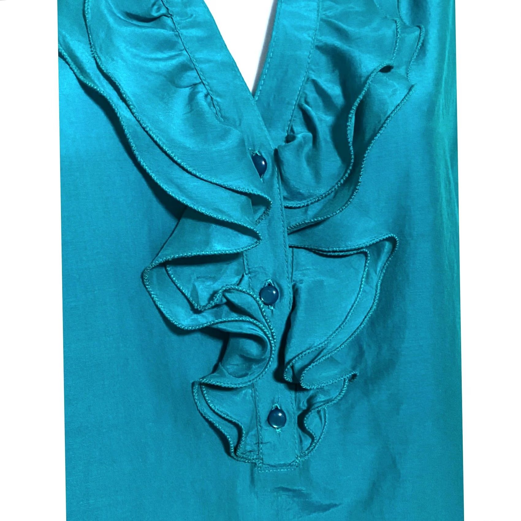 Loft VINTAGE Loft Blue Sleeveless Top Blouse L Ruffles Cotton Silk Classic Chic Career Office Size L / US 10 / IT 46 - 2 Thumbnail