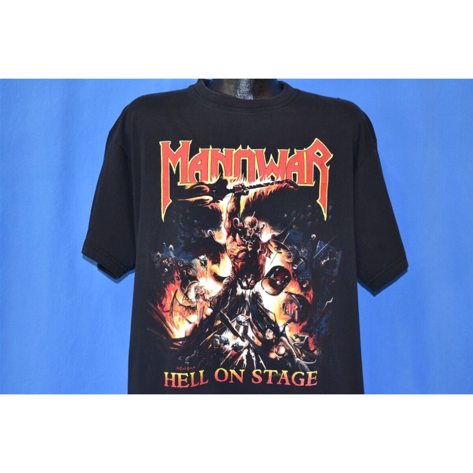 image of Vintage 90's Manowar Hell On Stage Heavy Metal Band Cover Art Fantasy T-Shirt XL in White, Men's