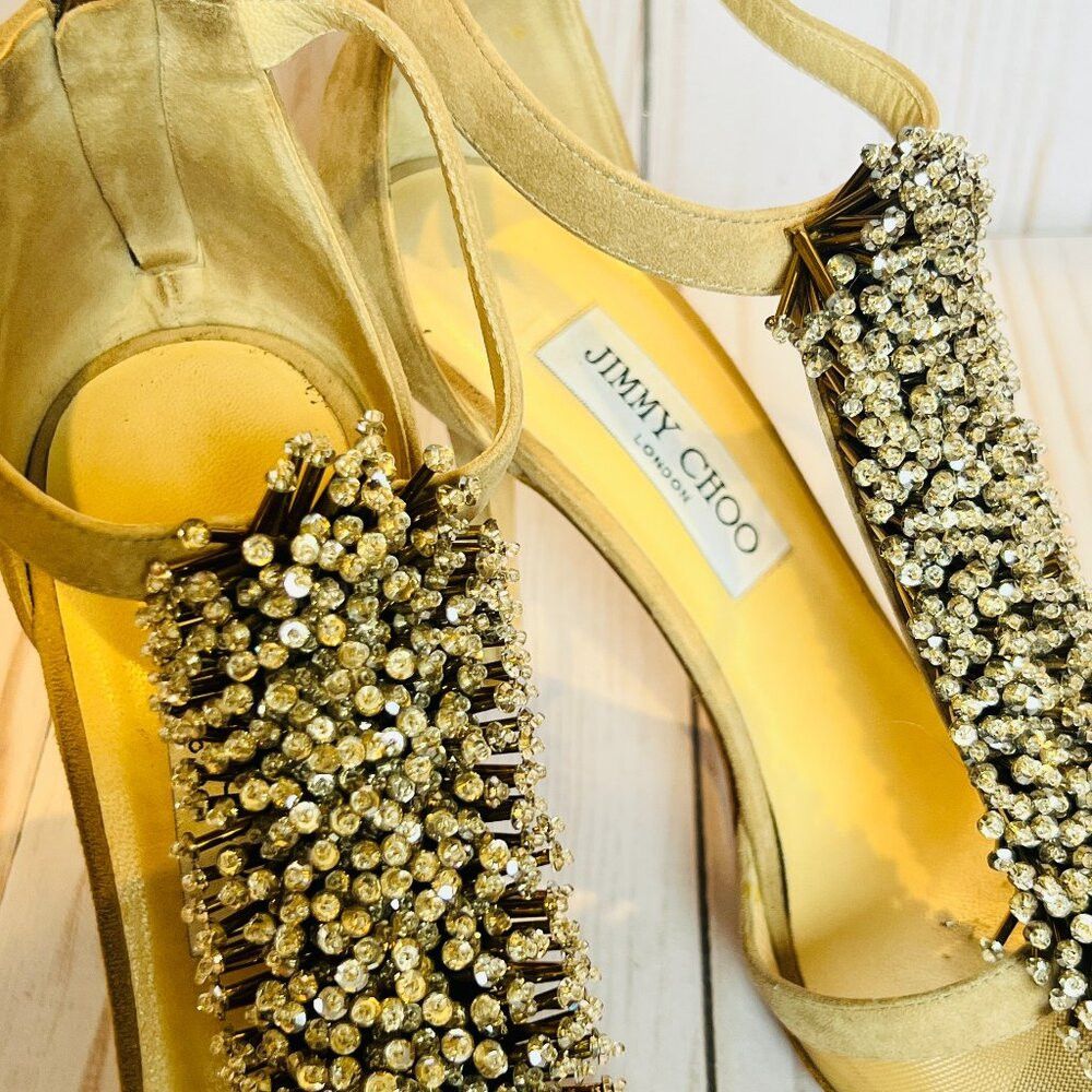 Jimmy Choo Jimmy Choo Feline Beaded T-Strap Suede & Mesh Heels Wedding Size US 7.5 / IT 37.5 - 1 Thumbnail