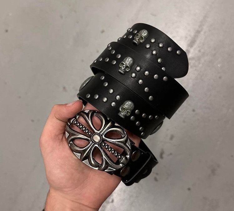 110 cm Studded PU Leather Belt with Skull & Vintage Floral Belts