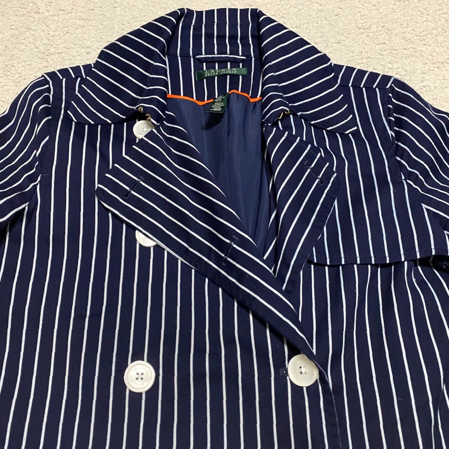 Ralph Lauren Lauren Ralph Lauren Womens Trench Coat Blue Striped Lined Cotton Mid-Length Long Sleeve Small SS Regular Womens - 90s? No, just title. Size S / US 4 / IT 40 - 6 Thumbnail
