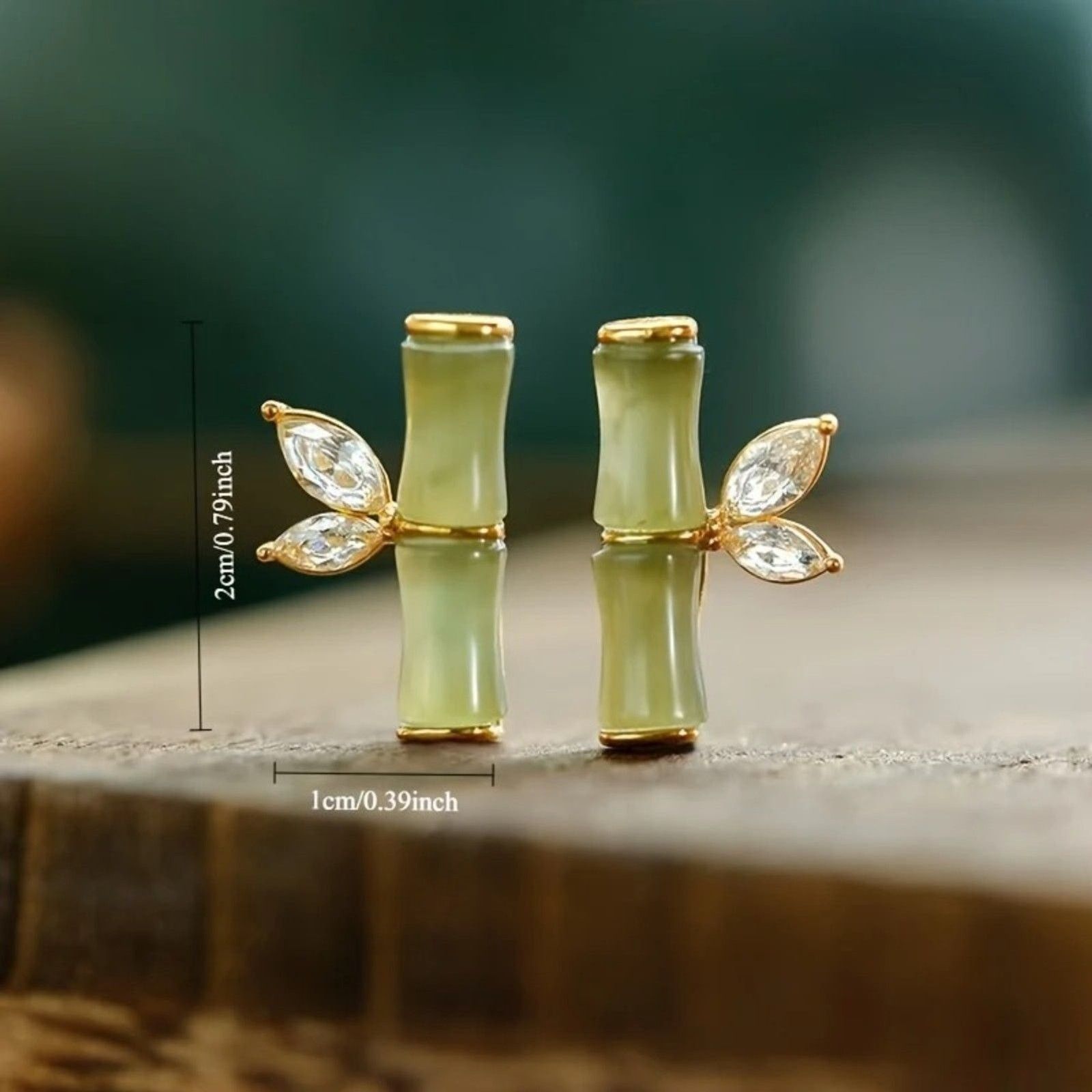 Other Dainty Elegant Bamboo Faux Jade Stud Earrings Crystal Accent Size ONE SIZE - 2 Thumbnail