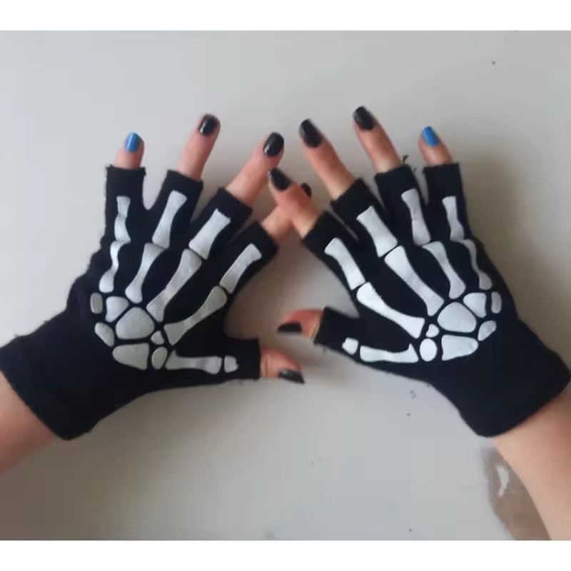 Japanese Brand Punk Skeleton Skull Half Finger Gloves Size ONE SIZE - 1 Thumbnail