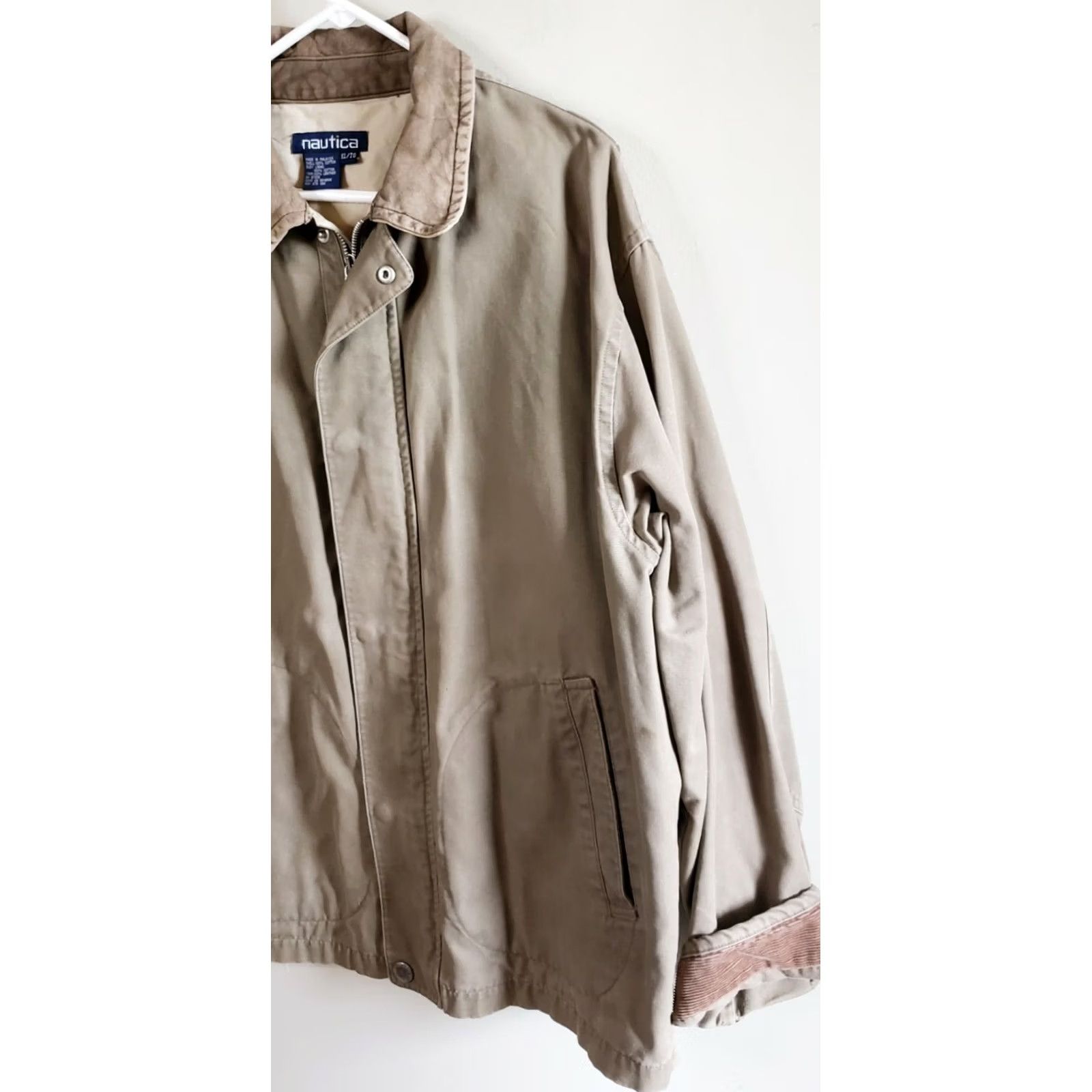 Nautica Nautica Mens XL Canvas Barn Coat Tan Khaki Jacket Full Zip Leather Collar & Trim Jacket Size US XL / EU 56 / 4 - 3 Thumbnail